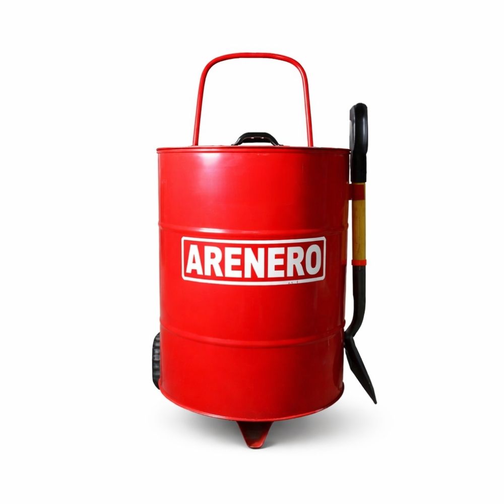 ARENERO ROJO CILINDRICO VERT 200 L C/RUEDAS PALA, TAPA S/M